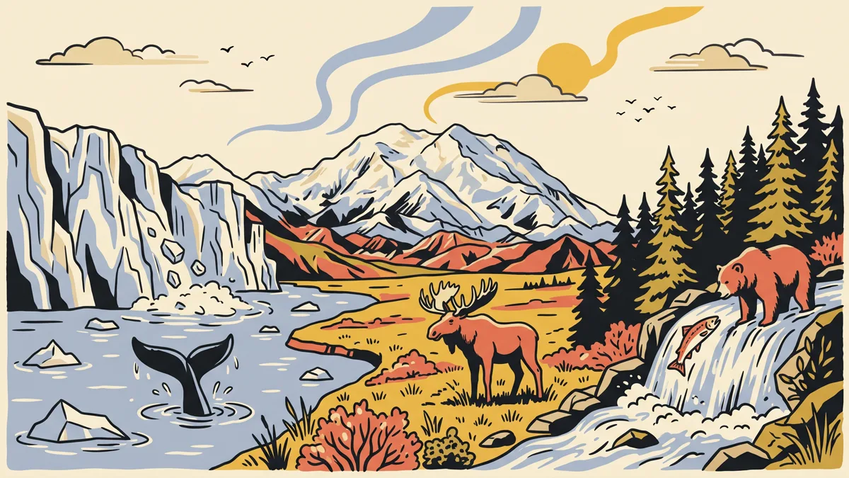 阿拉斯加插畫:左邊是崩落進峽灣的冰河與鯨魚尾,中間是雪山、苔原與駝鹿,右邊是在瀑布抓鮭魚的棕熊,天空有極光