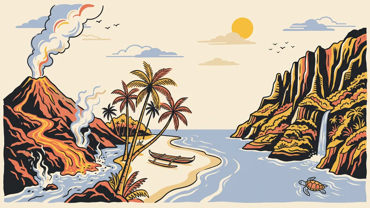 夏威夷插畫：左邊是岩漿流進海裡的火山，中間是棕櫚樹、沙灘與獨木舟，右邊是有瀑布的海崖與海龜