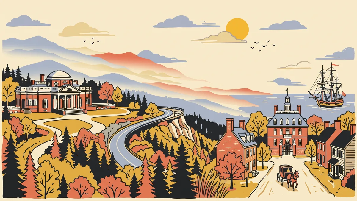 維吉尼亞插畫：山丘上的紅磚圓頂宅邸、藍嶺山脈的景觀公路、殖民時期的街道與帆船